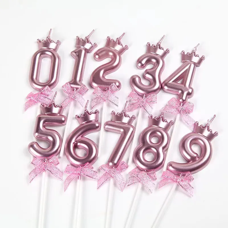 1pc Pink Digital Candles Princess Birthday Cake Decoration Party Crown Bow Candles Baby Shower
