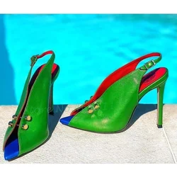 Green Hollow Metal Rivets Sandals Women Peep Toe Back Strap Pumps Multicolor Thin Heels Party Shiny Sandals Sexy Summer Shoes