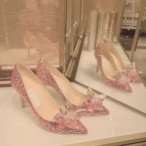 Taklidi yüksek topuklu kadın pompaları yeni külkedisi ayakkabı sivri burun kadın kristal parti düğün ayakkabı 1cm/5cm/7cm/9cm
