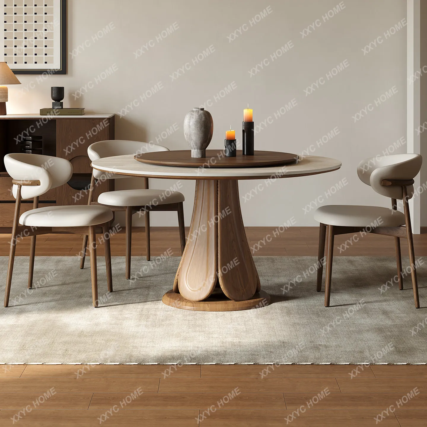 Thousand lamp umbrella travertine rock slab dining table and chairs in the ancient style household small apartment round table