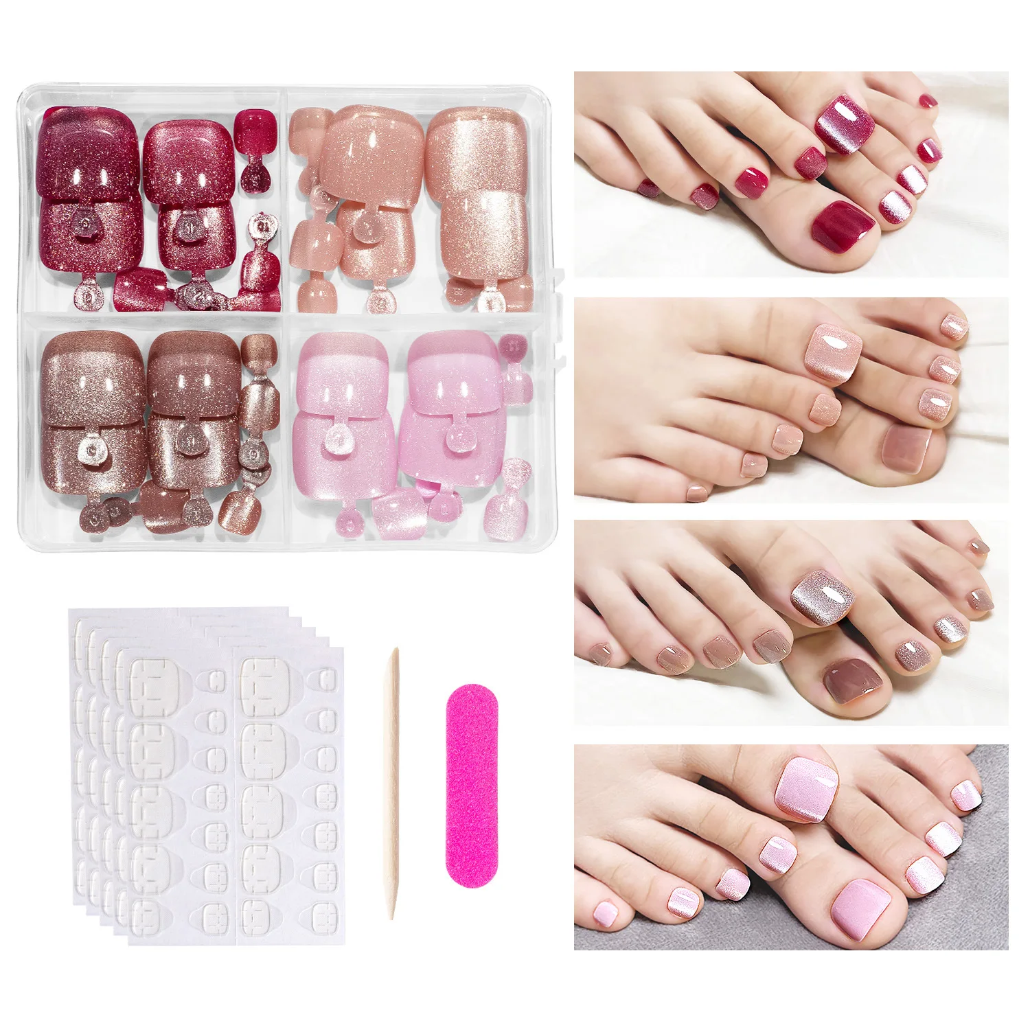 

96 шт. накладных ногтей для педикюра с эффектом кошачьего глаза, разноцветные, в коробке, многоразовые, для самостоятельного маникюра, цветные, с эффектом кошачьего глаза, для DIY-дизайна ногтей