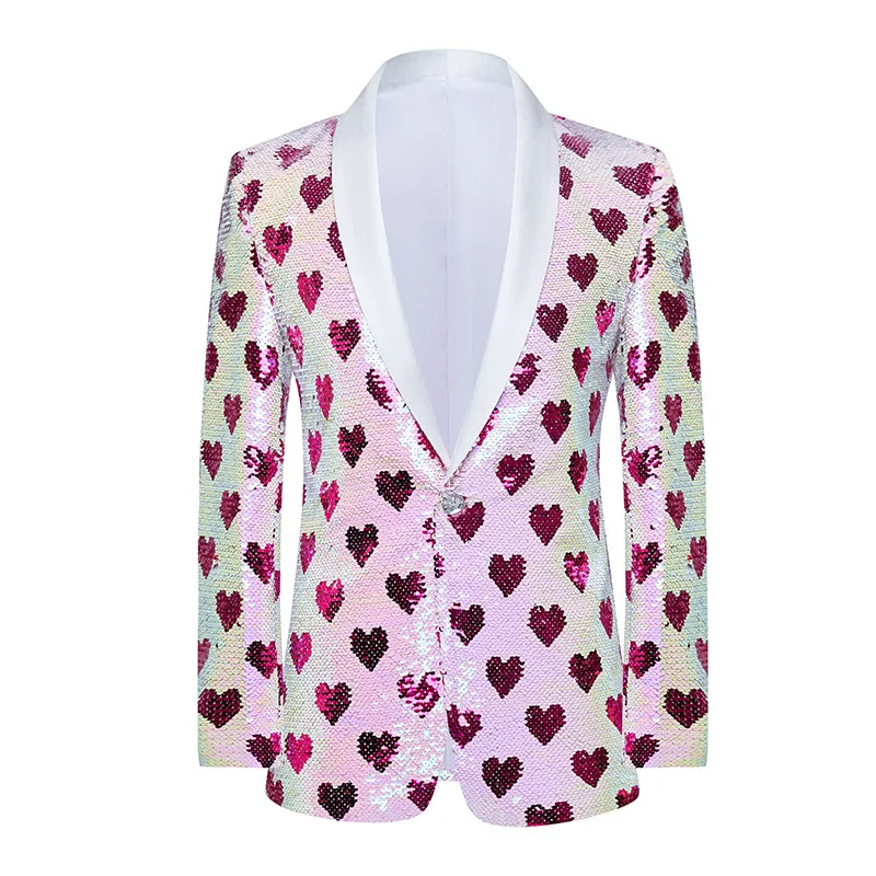 Shining Heart Pattern Double Side Sequin Tuxedo Blazer Men's Shawl Lapel Party Wedding Groom Suit Jacket Singer Stage Costume