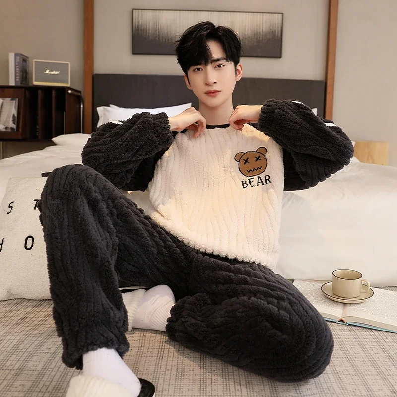 Velvet Bear Mens Pajamas Sets Warm Sleepwears Large Size Winter Long Sleeves Long Pants Boys Pijamas Cozy Pyjamas Soft Pjs Comfy