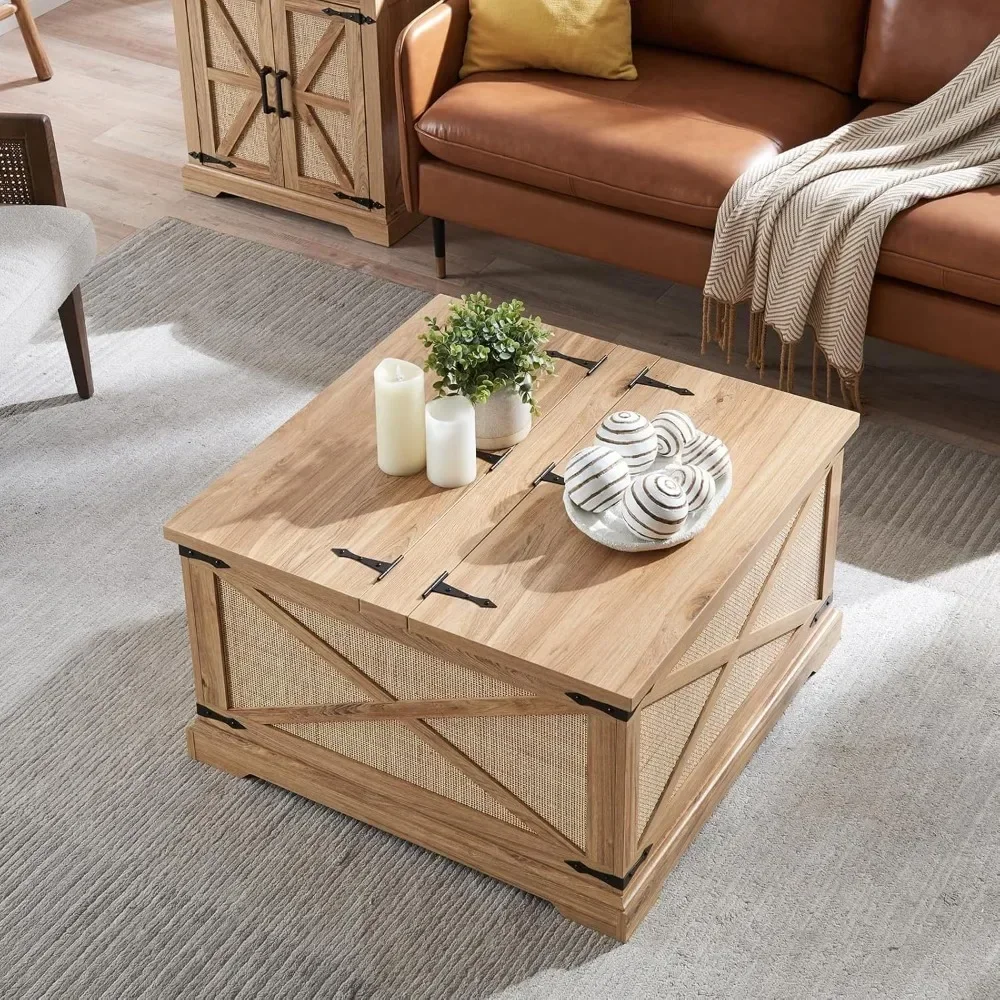 Square Coffee Table with Storage, Wood Center Table with Hinged Lift Top, Rustic Cocktail Table with Large Hidden Storage