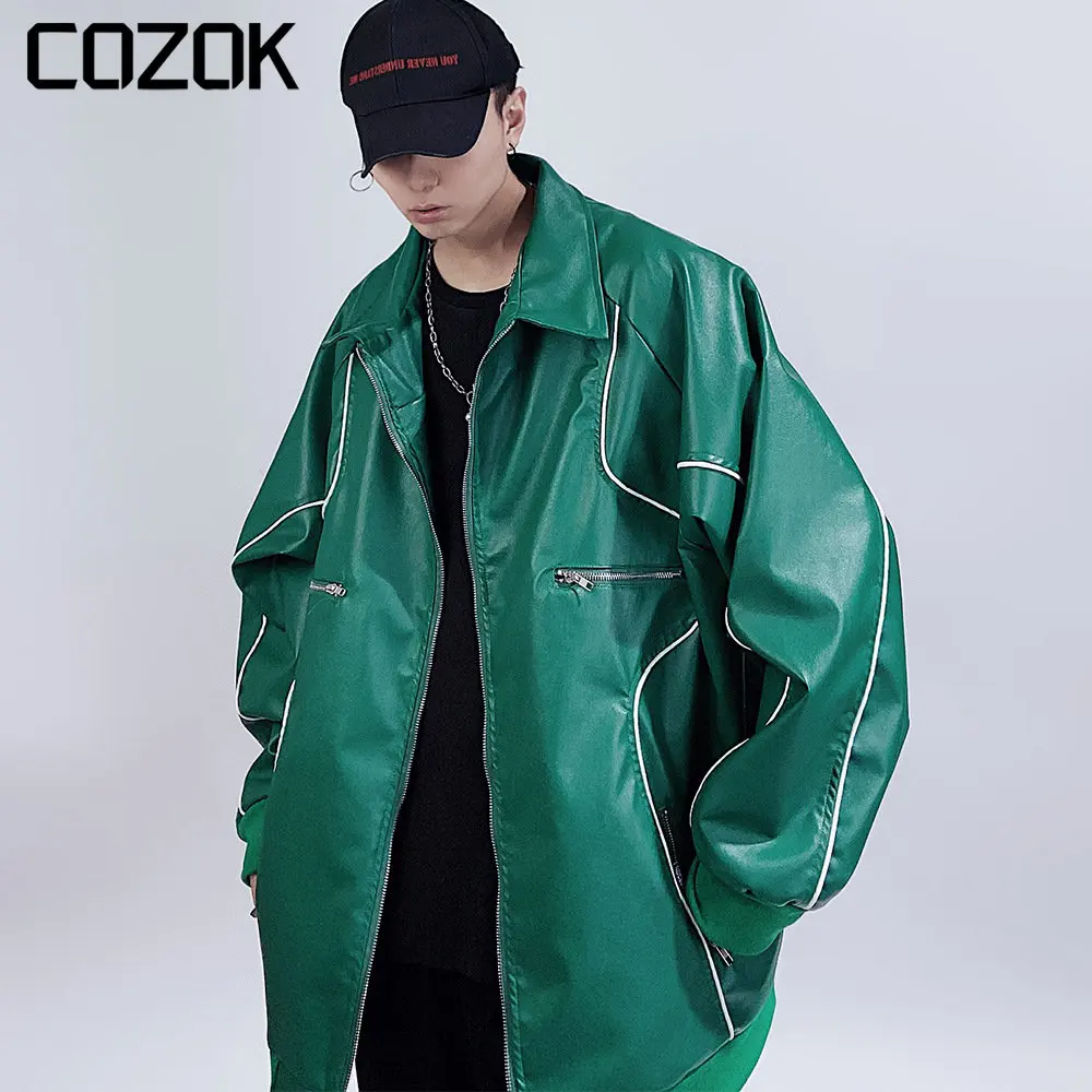 

Autumn Green Black PU Leather Jacket Men Fashion Casual Oversized Motorcycle Biker Jackets Unisex Streetwear Hip Hop Bomber Coat