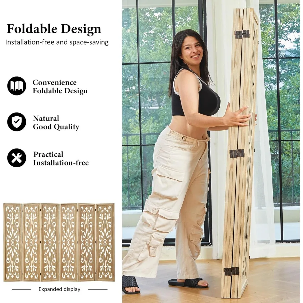 مقسم غرفة خشبي كلاسيكي منحوت مكون من 6 ألواح قابلة للطي لحديقة المكتب المنزلي - لمسة نهائية طبيعية