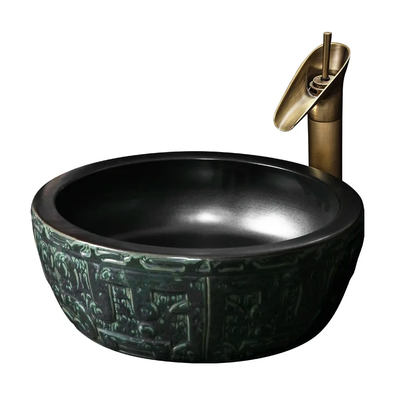 

Retro ceramic washbasin, basin on top, round washbasin, Chinese basin, bathroom.