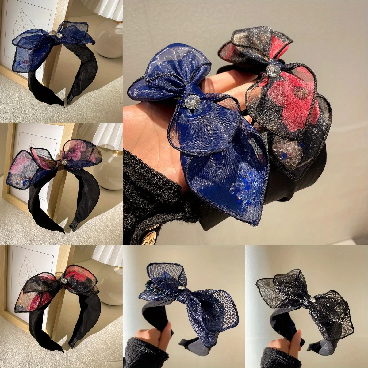

Mesh Bow Wide Headband with Rhinestone Elegant Sweet Hair Band for Women Girls High-End Look Daily Casual Fashion Accessories