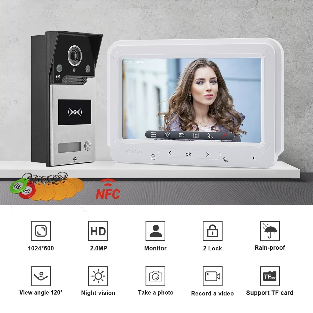 Smart 1080P AHD Video Intercom 7 Inch Monitor RFIC Card Unlock Support Recording And Take Photos