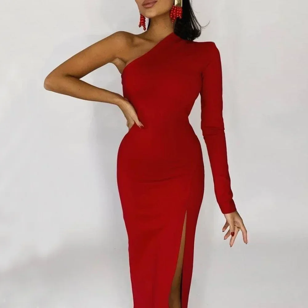 Long Elegant Dresses for Women Summer One Shoulder Maxi Dress Bodycon Sexy Black Slit Fomal Wedding Evening Party Dress 2022