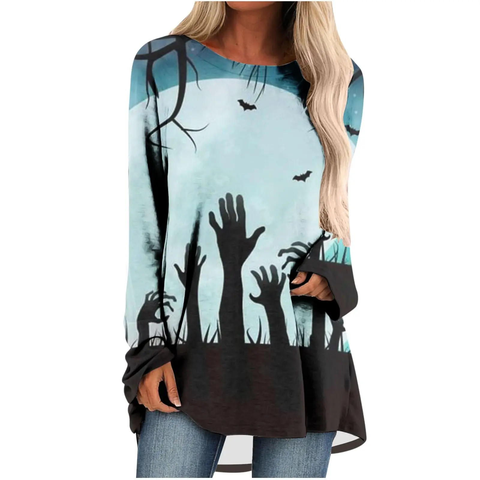 Scary Halloween T-shirt Cobwebs Graveyard Hands 3D Print Women Long Sleeve T Shirts Streetwear Woman Tunic Tees Tops Clothing