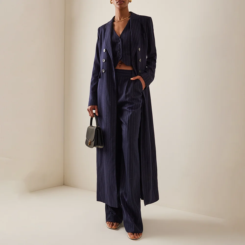 

Navy Blue Pinstripe Women Suits Slim Summer Fashion Peak Lapel Double Breasted Long Coat Custom Smart Casual Office Pants Sets