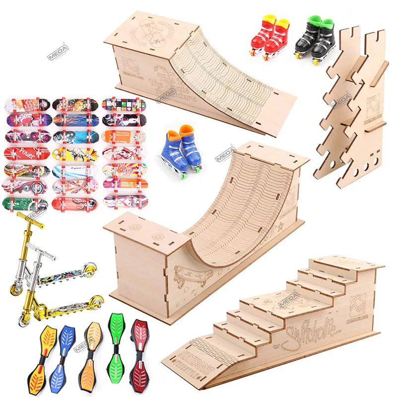 

Unassembled Wooden Finger Skateboard Skatepark Kit with Roller Skating Handcart - Professional Fingerboard Platform Set Toy