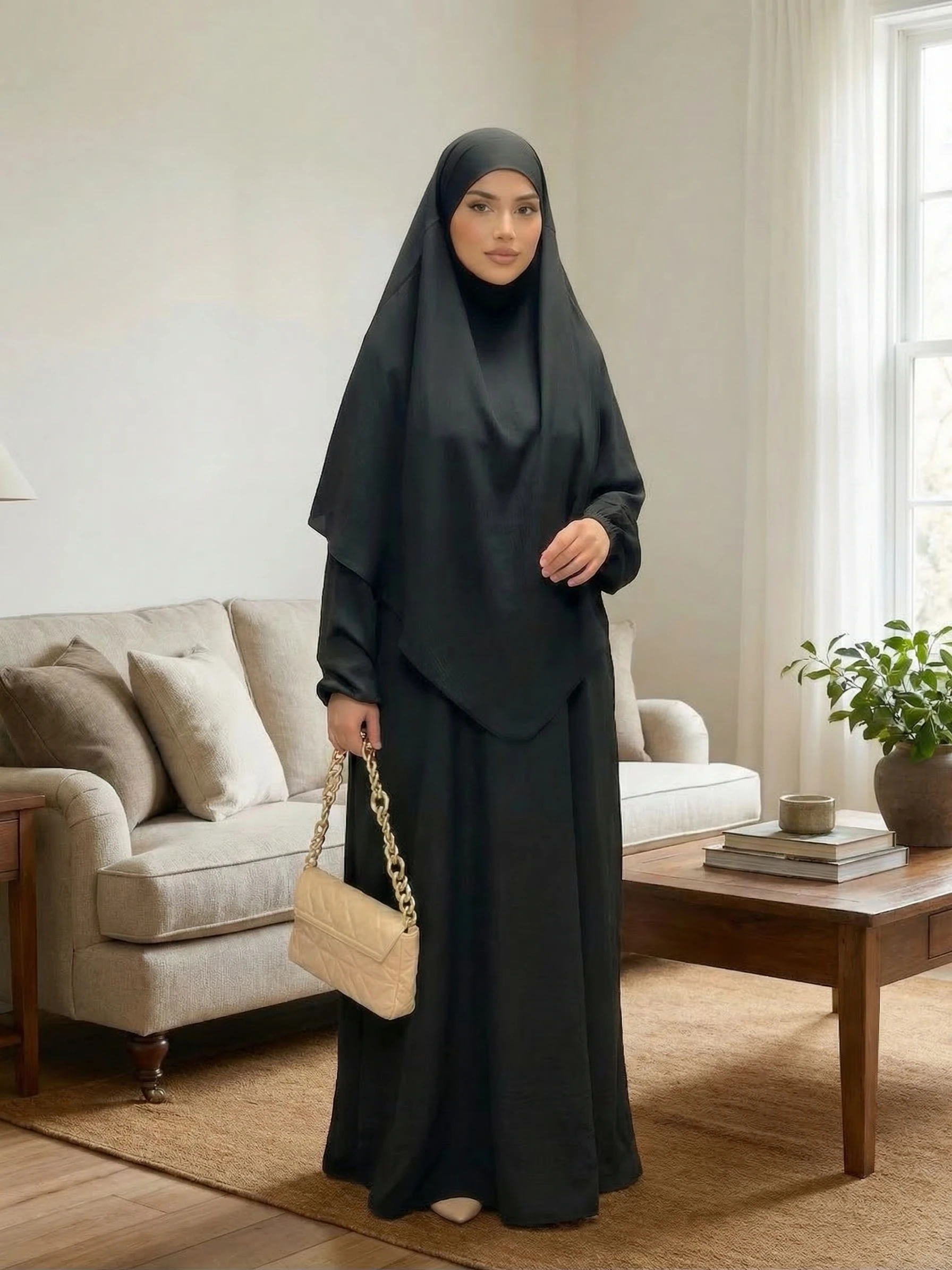 

Комплект из 2 предметов: однотонная абайя с хиджабом | Мусульманское женское платье-кафтан с открытым передом для молитвы