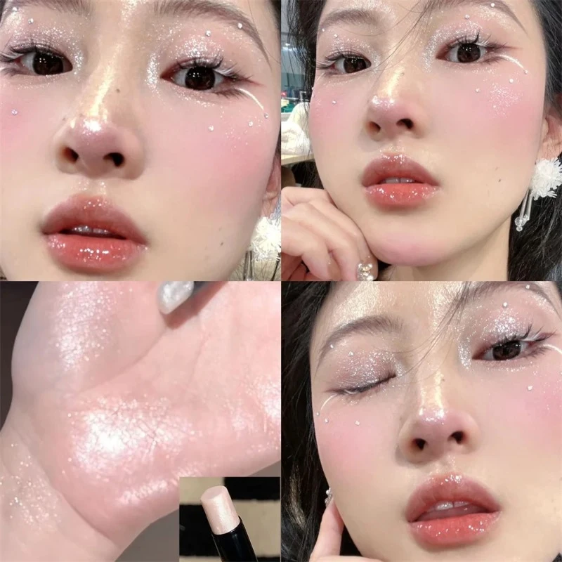 グリッターハイライターアイシャドウスティックピンクホワイトティント防水スパークリングゼリーアイシャドウペン真珠光沢のある明るく輪郭メイクアップ