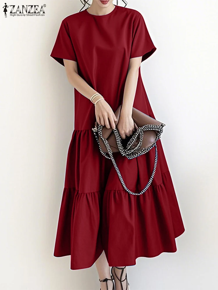 Zanzea manga curta casual sólido vestidos de férias o pescoço moda feminina em camadas maxi vestidos 2025 verão a linha robes femme