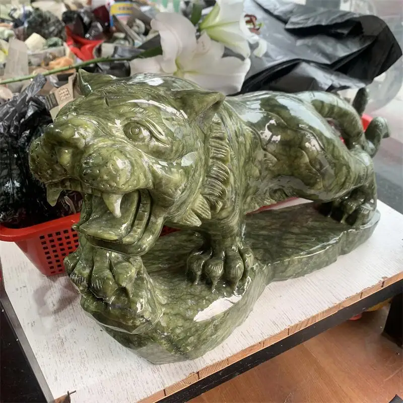 

30Kg Natural Green Jade Tiger Carving Polished Animal Powerful Statue For Home Decoration Holiday Gift 1PCS