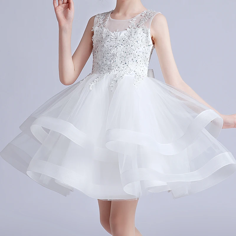 1281 Kids Girl Princess Dress Baby Girl Mesh Sleeveless Dresses Children\'s White Wedding Ceremony Gown