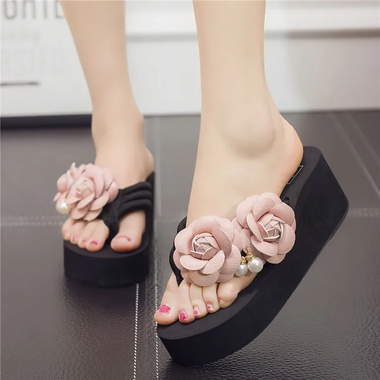 Big Size Beach Shoes Rubber Flip Flops Slippers Flat Women Heels Flower Platform Slides Low Sabot Hawaiian High Summer PU Sewing