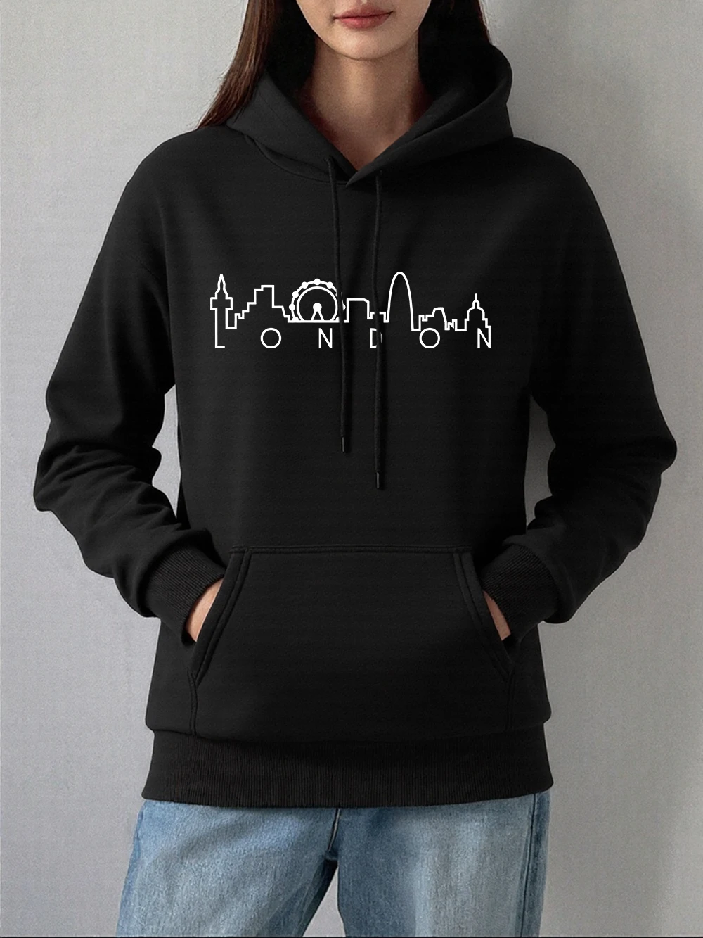London Linie Zeichnung Druck Hoodies Frauen Bequeme Lose Sweatshirts Winter Fleece Warme Pullover Grundlagen Tasche Frau Kleidung