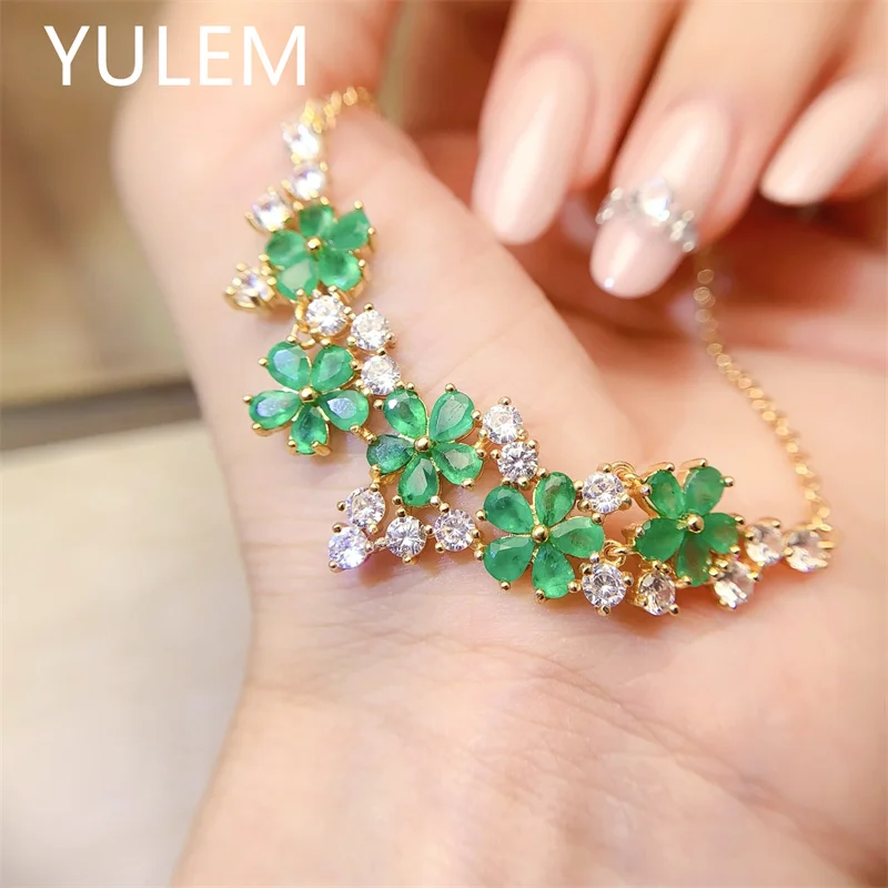 YULEM Natural Emerald Floral Bracelet S925 Sterling Silver Gold Plated Teardrop Gemstone Women Fine Jewelry