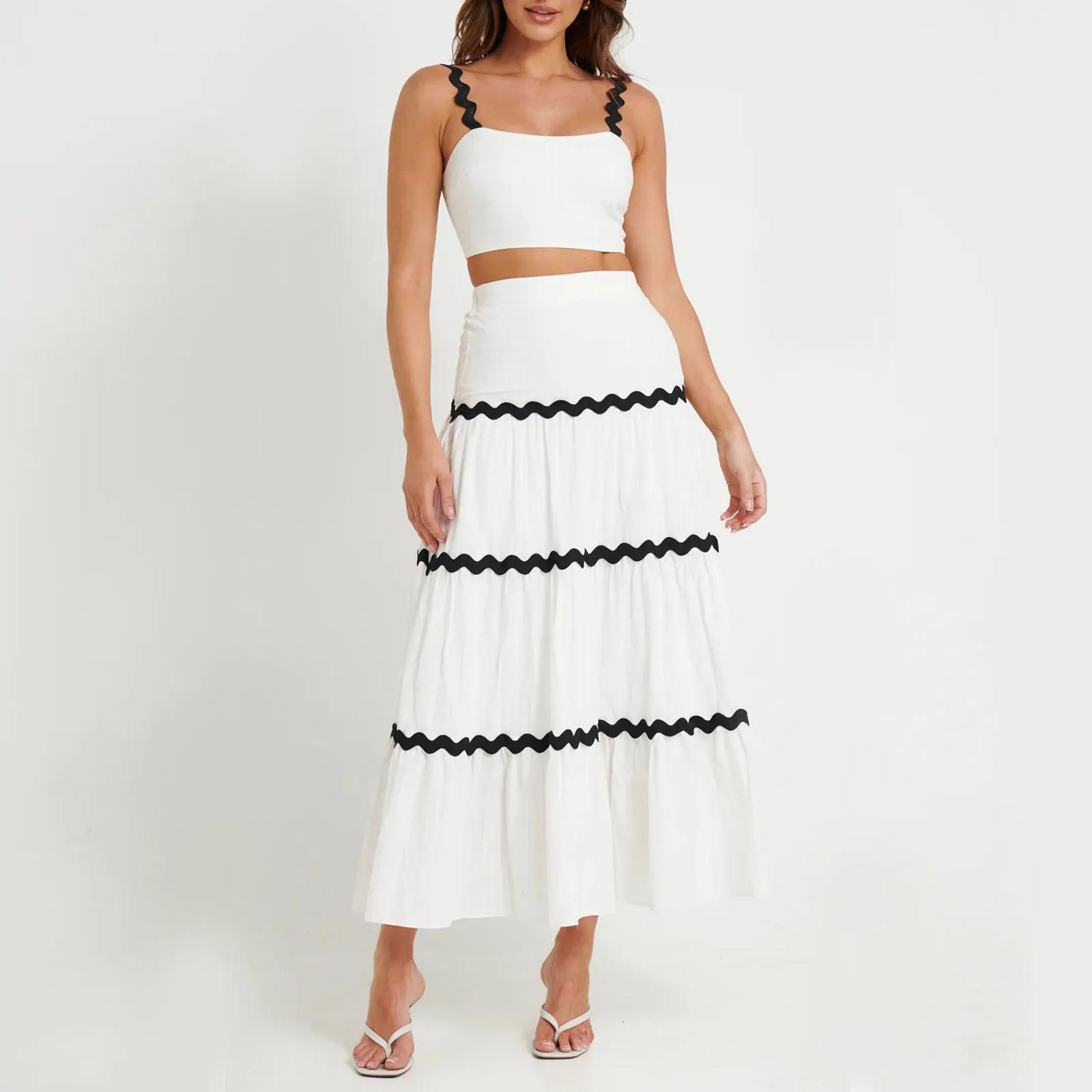 

Женский комплект с юбкой, модный привлекательный однотонный жилет на бретелях, топ А-силуэта, длинная юбка, комплект из двух предметов, лето 2024