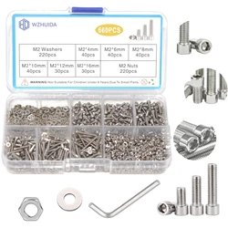 WZHUIDA M2 M3 M4 M5 M6 Screw Assortment, Metric Hex Socket Head Cap Bolts, Stainless Steel Screws Nuts and Washers with Wrench
