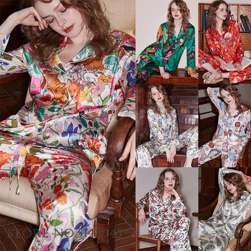 

Female 2Pcs Pajamas Set Sleepwear Print Cartoon Satin Home Clothing Long Sleeve Trouser Suit Pyjama Pour Femme Loose Loungewear