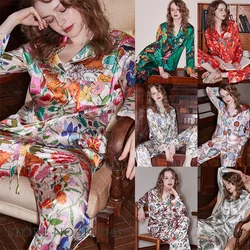Female 2Pcs Pajamas Set Sleepwear Print Cartoon Satin Home Clothing Long Sleeve Trouser Suit Pyjama Pour Femme Loose Loungewear