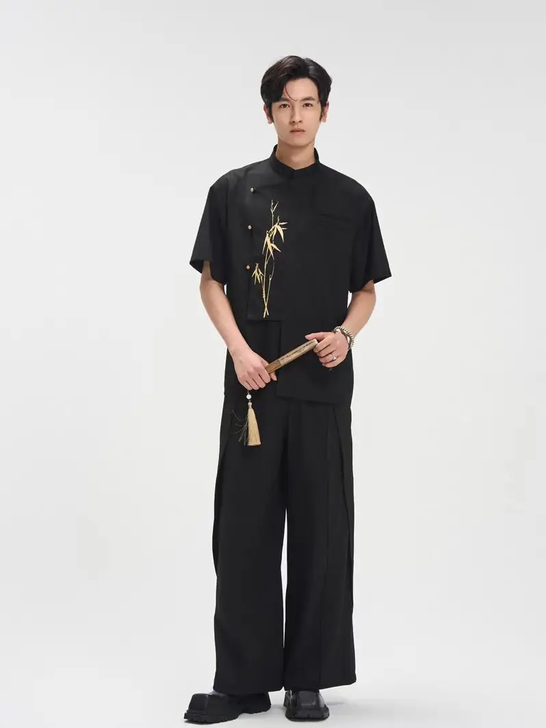 Dibinsai's New Chinoiserie Short-Sleeved Shirt with Collar and Gold Bamboo Embroider Pattern Design