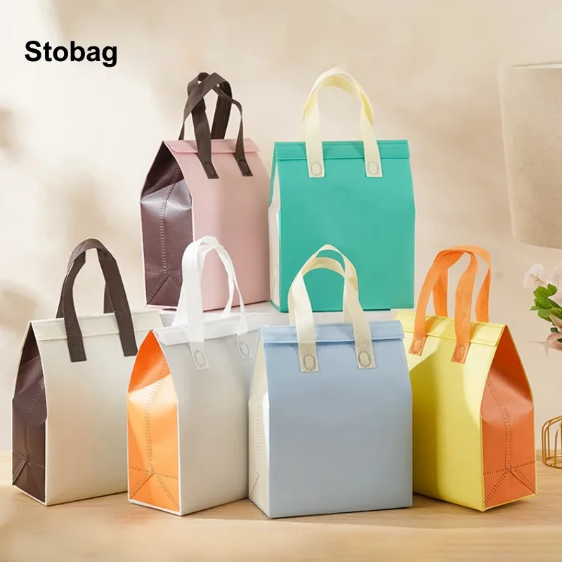 StoBag 25pcs Non-woven Lunch Tote Bags Box Fabric Portable Food Cake Drinks Packaging Keep Warm Cold Delivery Reusable Pouches