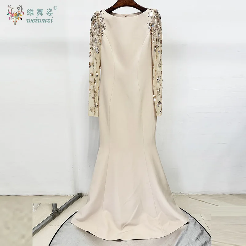 Mais recente moda luxuosa e requintada malha lantejoulas bordado manga comprida em torno do pescoço fino ajuste cintura cinched vestido de noite