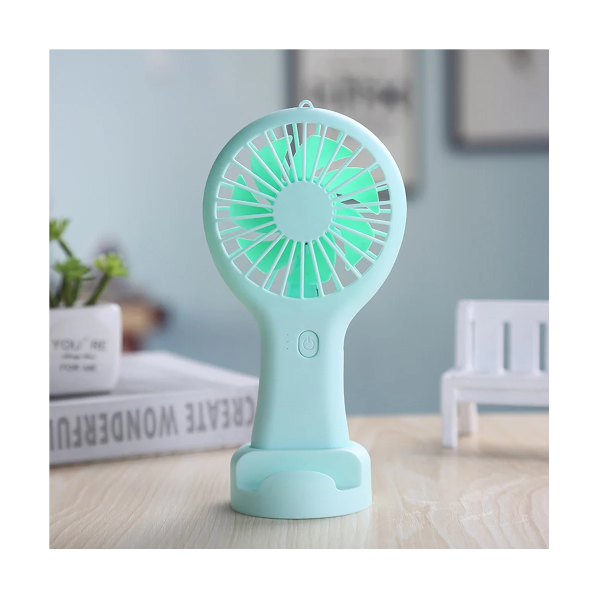 Mini ventilador de mano portátil con carga USB, prácticos ventiladores pequeños, ventilador de mano de bolsillo con catapulta con Base, ventilador para exteriores, verde