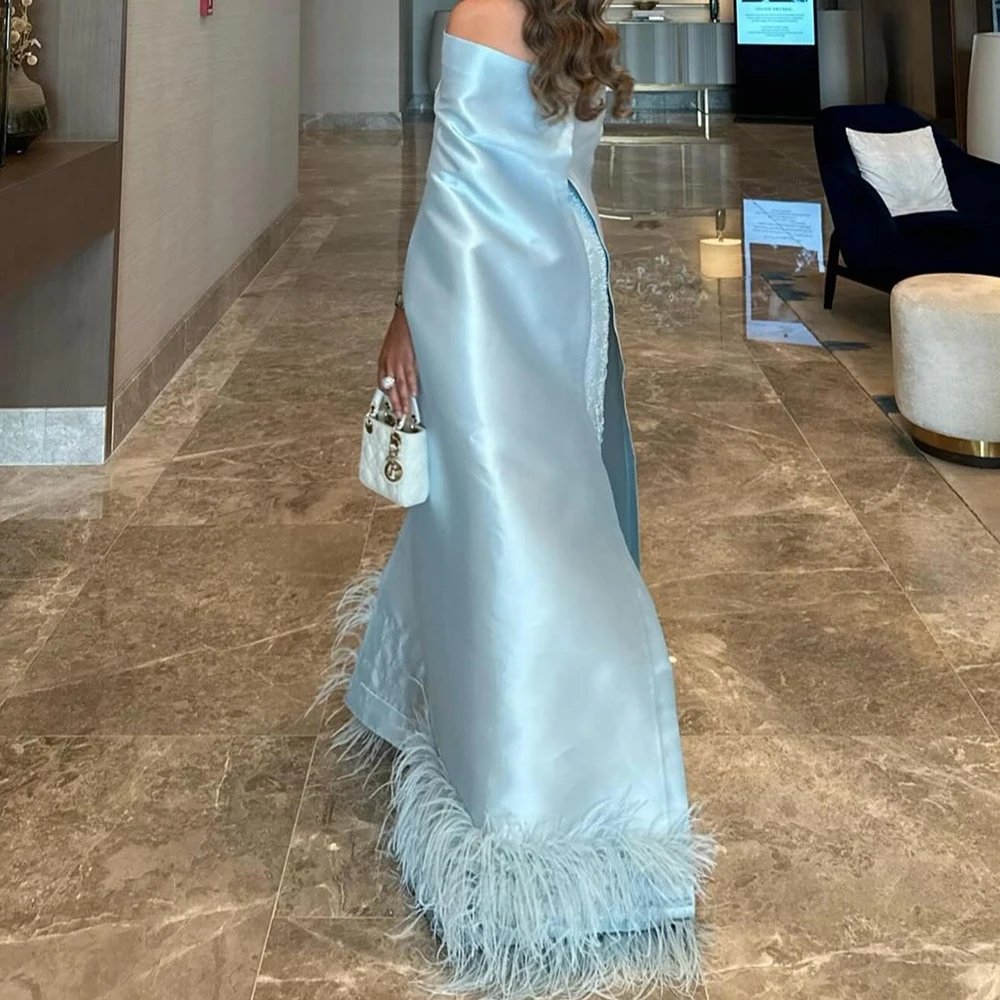 Customized Luxury Satin Straight Off the Shoulder Feathers and Sequined Evening Dress Boat Neck Floor Length Watteau Train