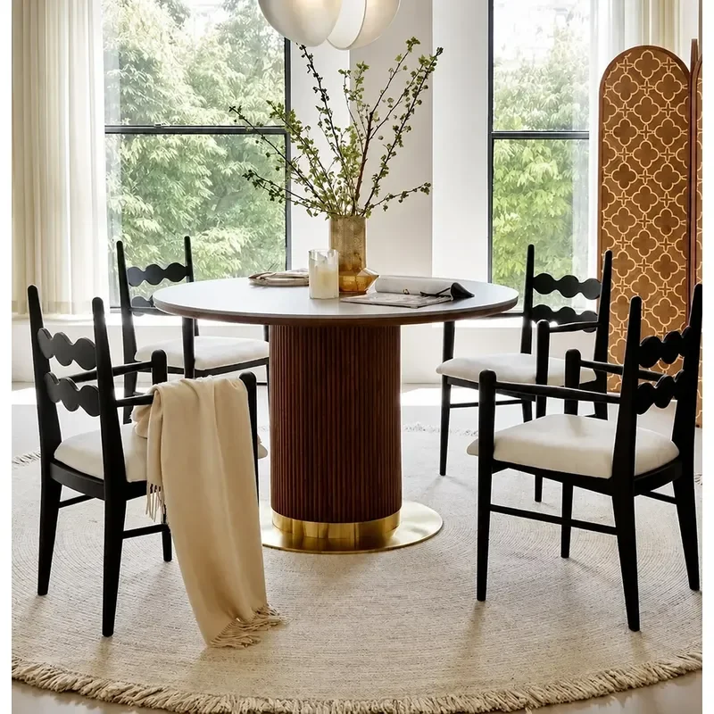 American Solid Wood Retro Round Dining Table Oak Simple Small Apartment Rock Slab Top Negotiation Table for Home Use