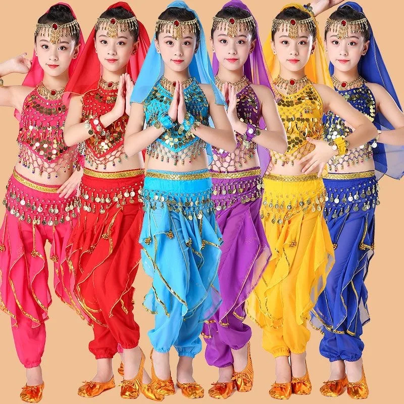 

Детский костюм для индийского танца живота для девочек на Хэллоуин, комплект из 3/7 предметов, детский костюм для танцевальной практики, комплект