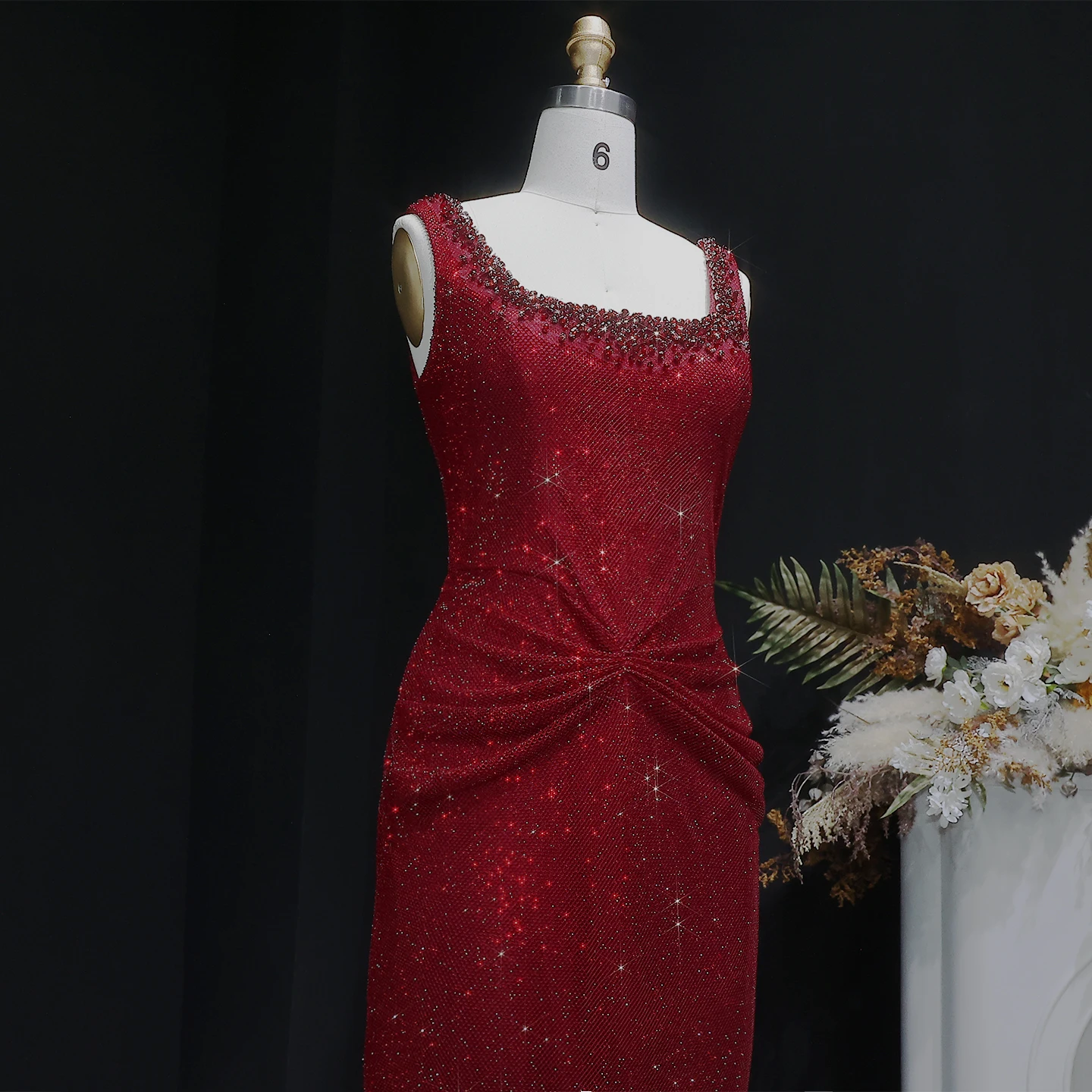 Sharon Said Arabisches Dubai Luxus Weinrotes Meerjungfrauenkleid mit Quadratischem Ausschnitt Saudi-Arabien Formelles Abendkleid für Abschlussball und Partys SS655 Maßanfertigung – Detail 3