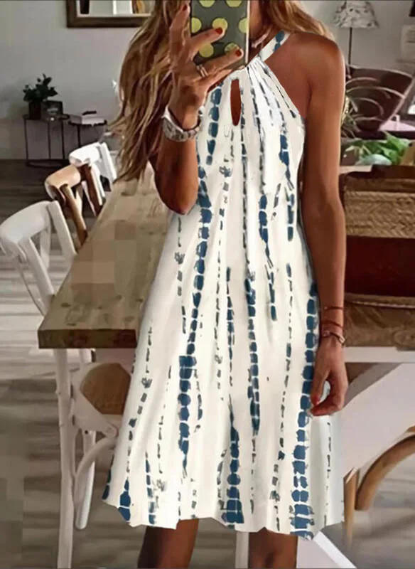 

Simple Print Halter Neck Mini Dresses Women Fashion Casual Hollow Out Backless Sleeveless Dress Lady Commuting Short Vestidos