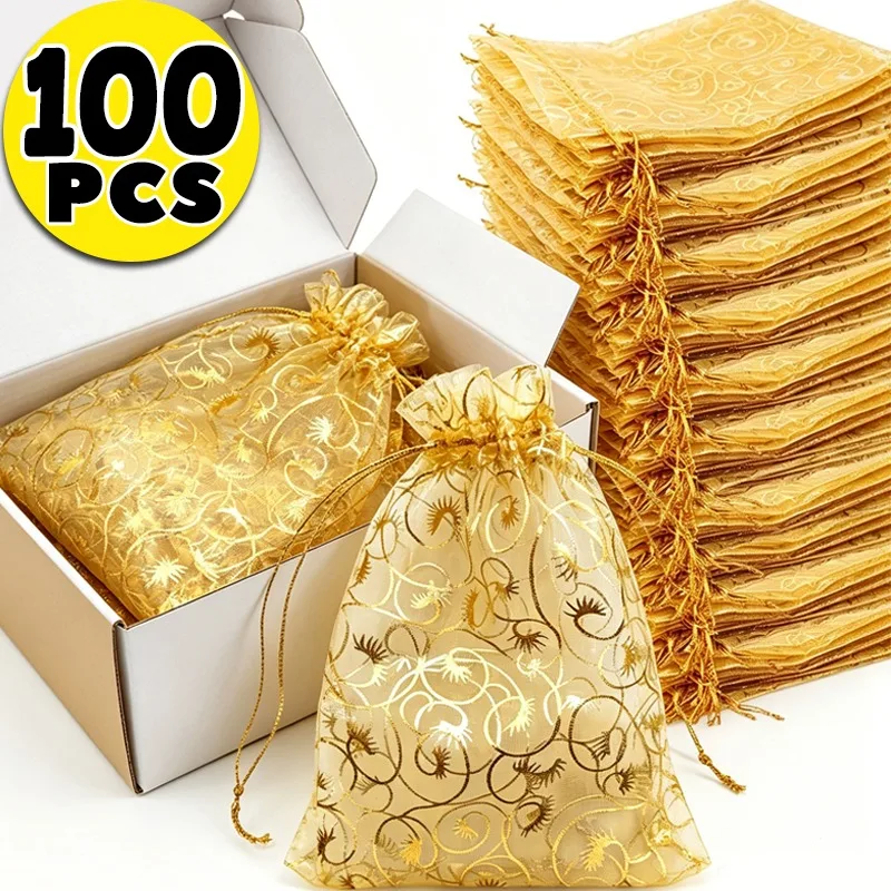 10/100pcs Organza Mesh Drawstring Bag Gold Gift Bags Jewelry Rattan Pouches Wedding Party Couple Christmas Gifts Candy Bags