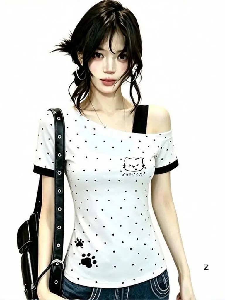 Süßes koreanisches Polka-Dot-Top mit freiem Schulterbereich für Damen, schmal geschnitten, kurzärmelig, One-Shoulder-T-Shirt, süßes Katzen-Sommer-T-Shirt, schlichtes T-Shirt, Fake-Two-Layer-Look