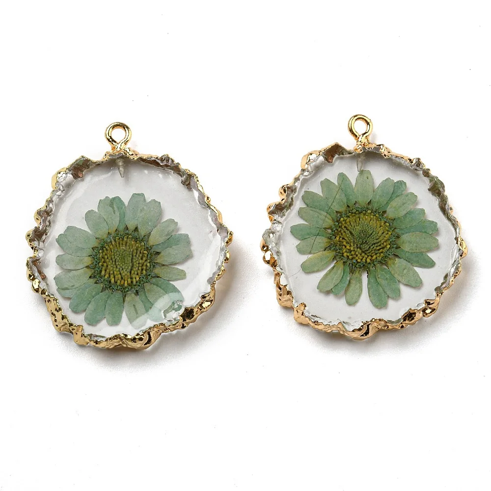 5 Pcs Inner Dried Flower Resin Pendants Flat Round Charms with Light Gold Plated Brass Edge Dark Sea Green Pendants for Women