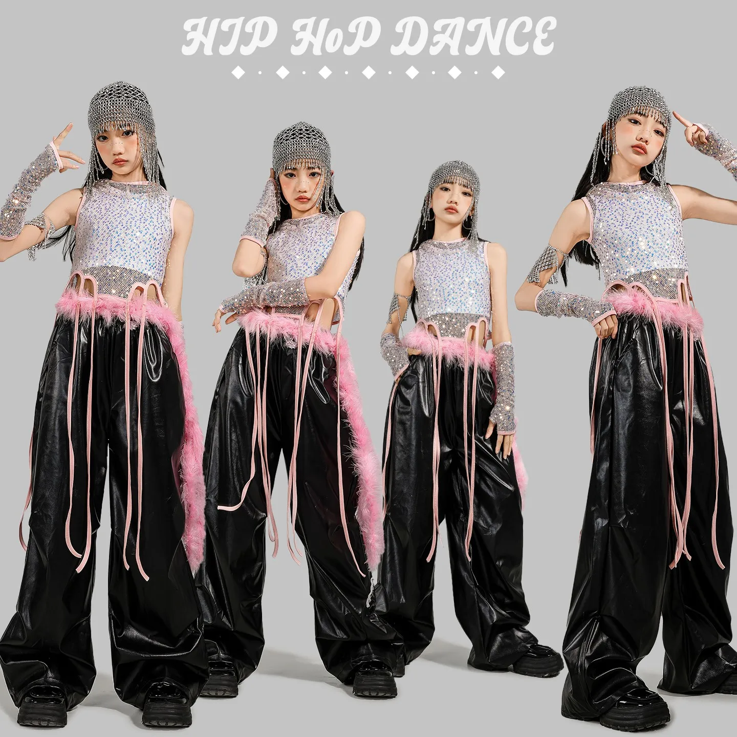 Sequin Jazz Dance Clothes Girls Pink Net Tops Leather Pants Hip Hop Kids Performance Costume Fashion Catwalk Kpop Outfits L16642