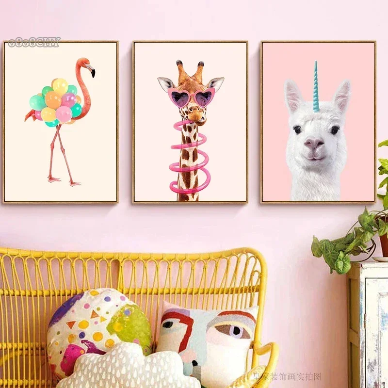 Funny Cartoon Animal Poster Cute Animals Flamingo Giraffe Pink Highland Cow Lion Wall Art Canvas Painting for Kawaii Room Decor