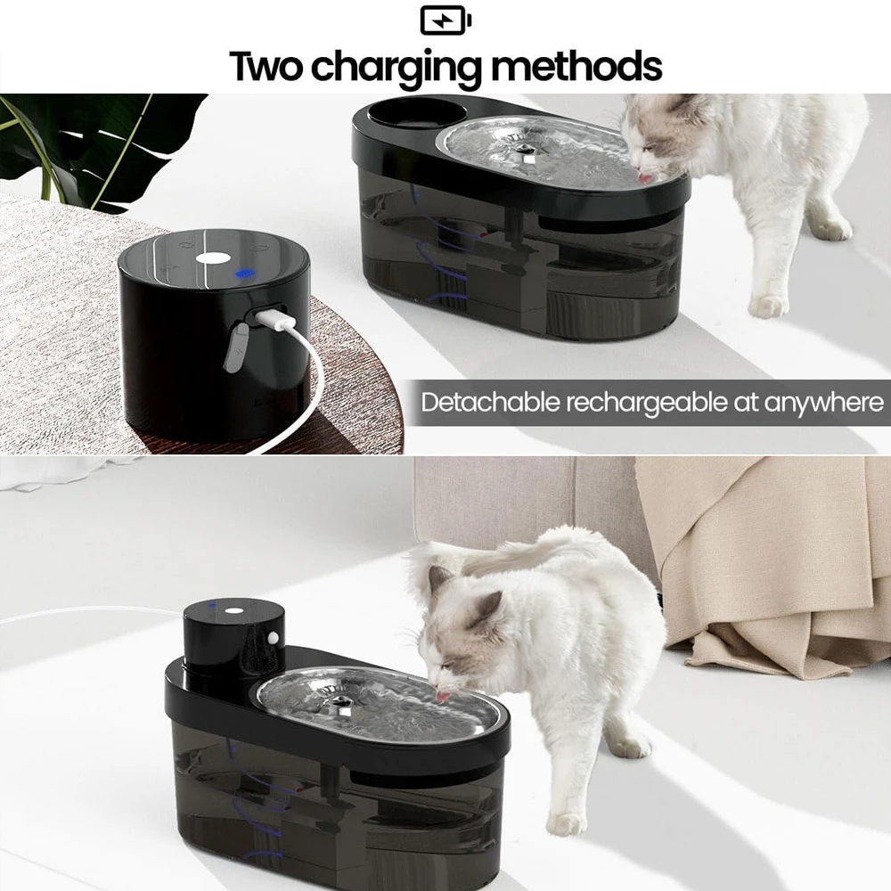 Wireless Cat Water Fountain Battery Operated Quiet Pump with LED Inside Stainless Steel with 3 Work Modes Sensor for Cat Dog