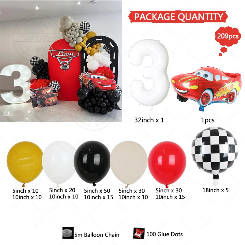 209pcs Disney Racing Themed Balloon Garland Arch Kit Red Black White Latex Balloons for Boy Kid Birthday Party Baby Shower Decor