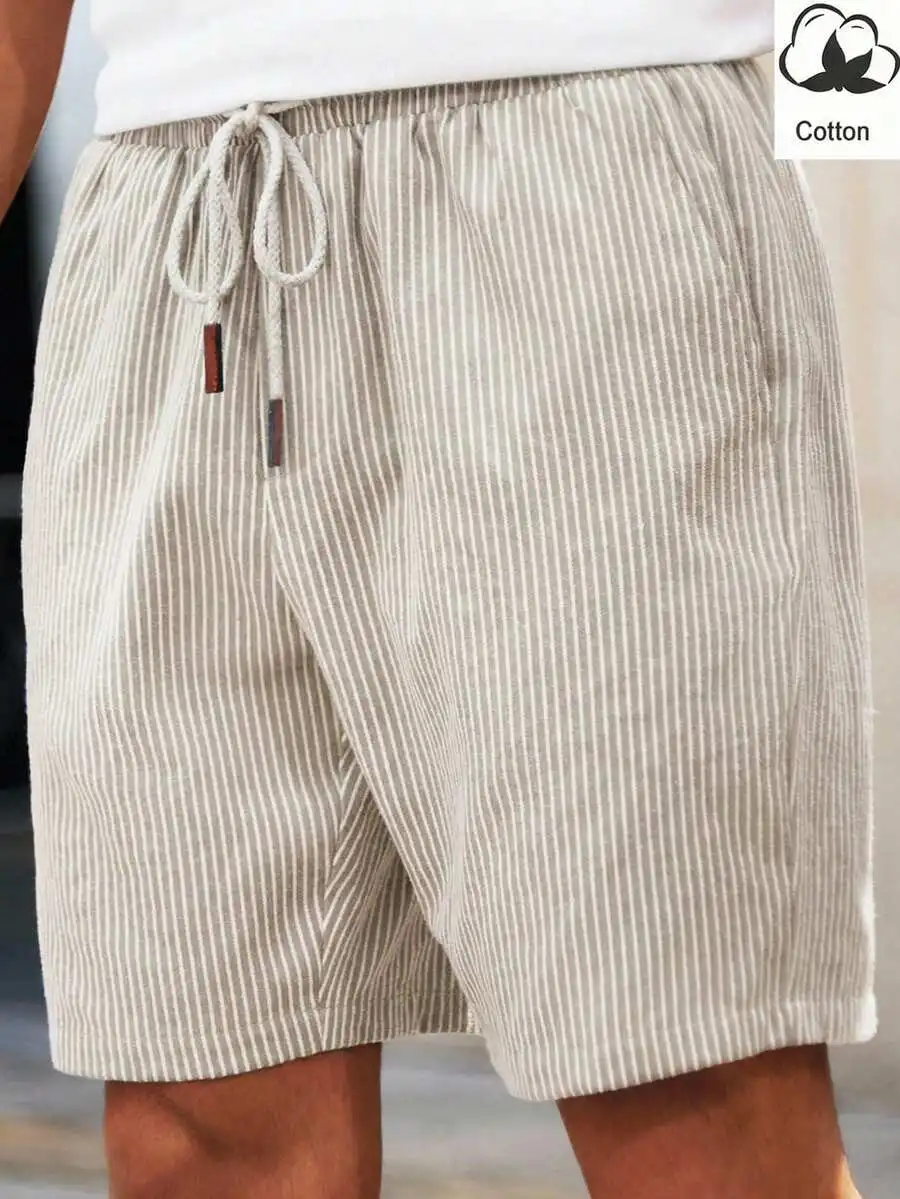 

Mens Striped Cotton Mid-Waist Casual Shorts Slim Fit Straight Leg Knee Length