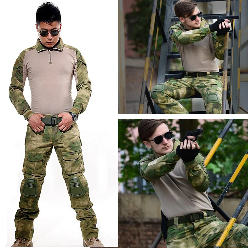 Hunting Clothes Uniform Shirt Pants With Knee Elbow Pads Outdoor Sport Ghillie Suit Frog Set