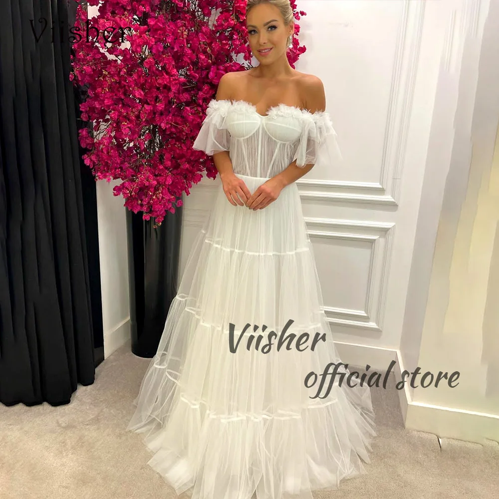 

Viisher White Tulle A Line Evening Dresses Off Shoulder Corset Sweetheart Prom Party Dress Long Women Formal Gowns