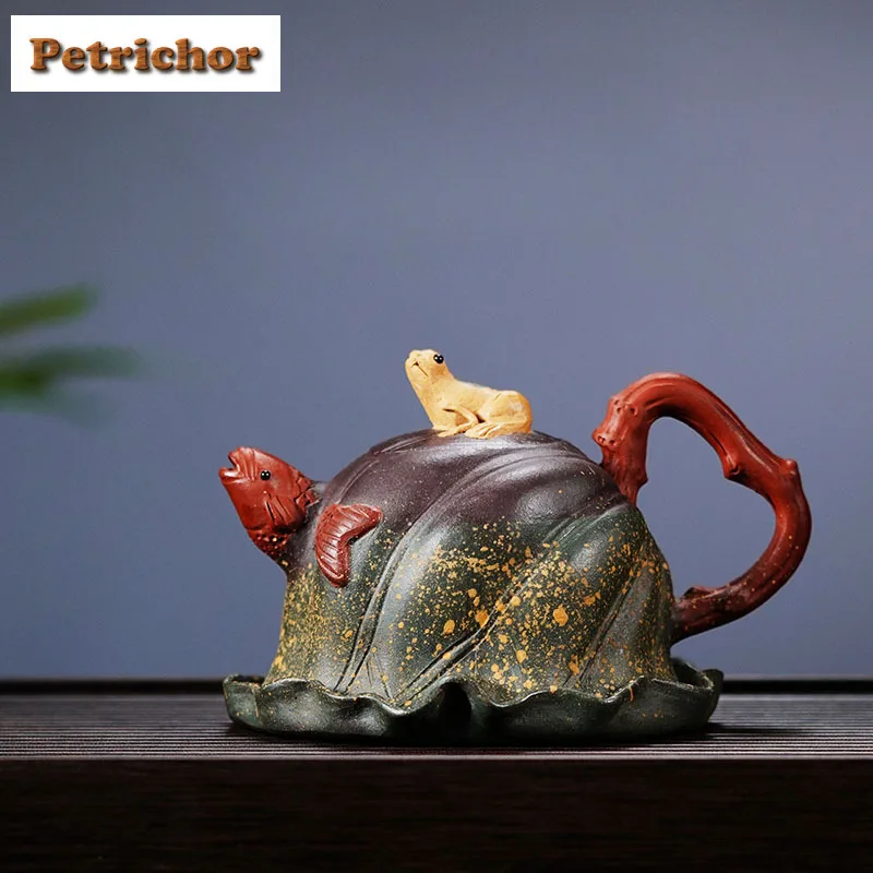 

280ml Authentic Yixing Purple Clay Teapots Handmade Lotus Leaf Frog Pot Raw Ore Section Mud Tea Soaking Kettle Zisha Tea Set
