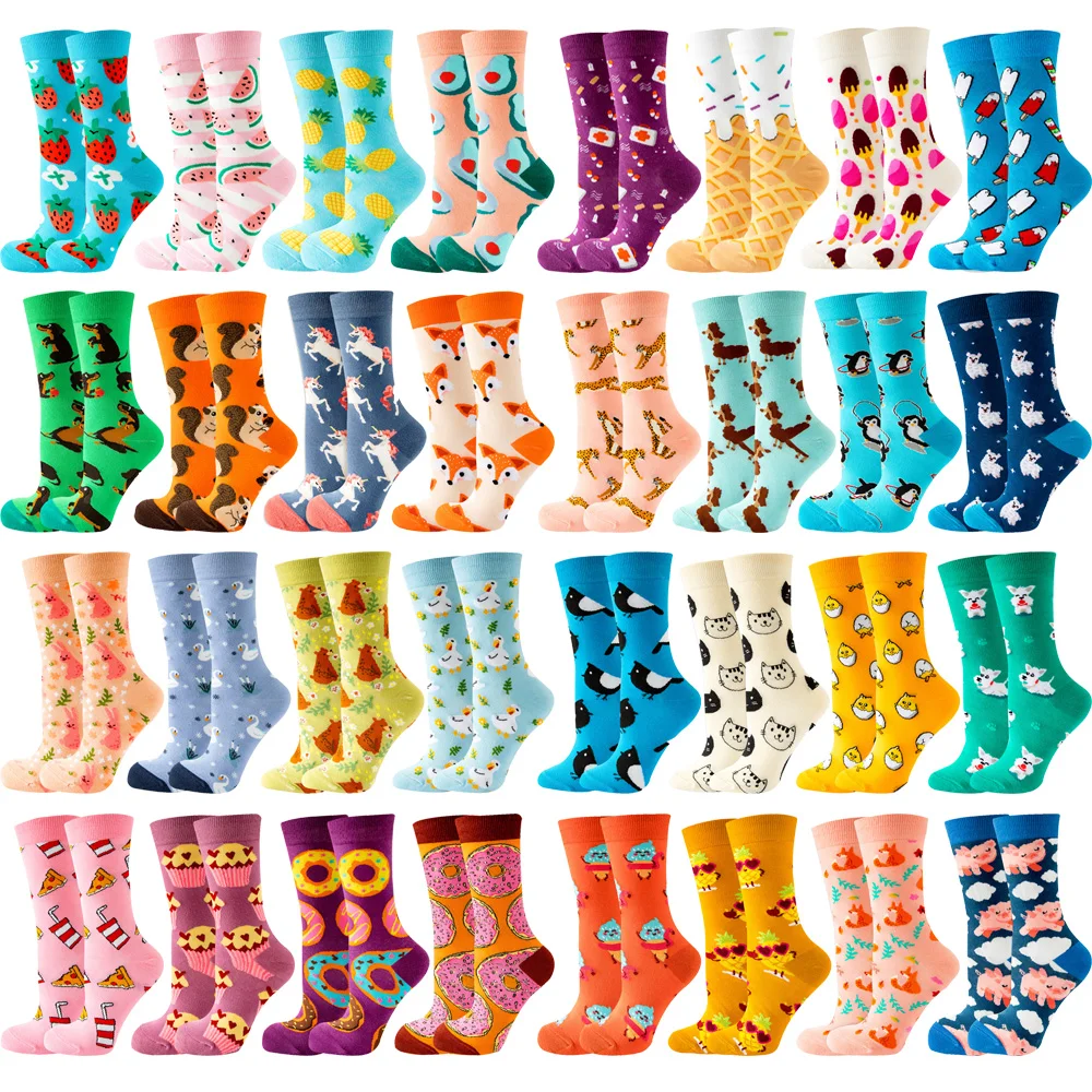 

4 Pairs New Fashion Colorful Funny Happy Casual Women Socks Dress Harajuku Cute Cartoon Cat Dog Lemon Donut Girl Cotton Socks